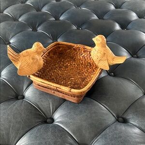 Vintage HandWoven Basket with Carved Bird Accents